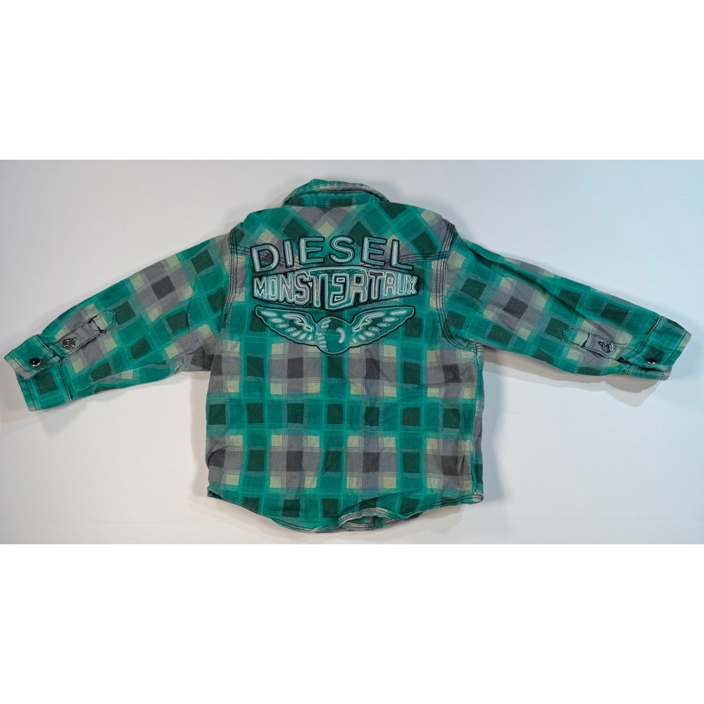 Diesel Monster Trux Green Plaid Flannel Button Down Shirt Boys 12M Embroidered